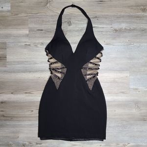 Bebe mini halter LBD with mesh sides